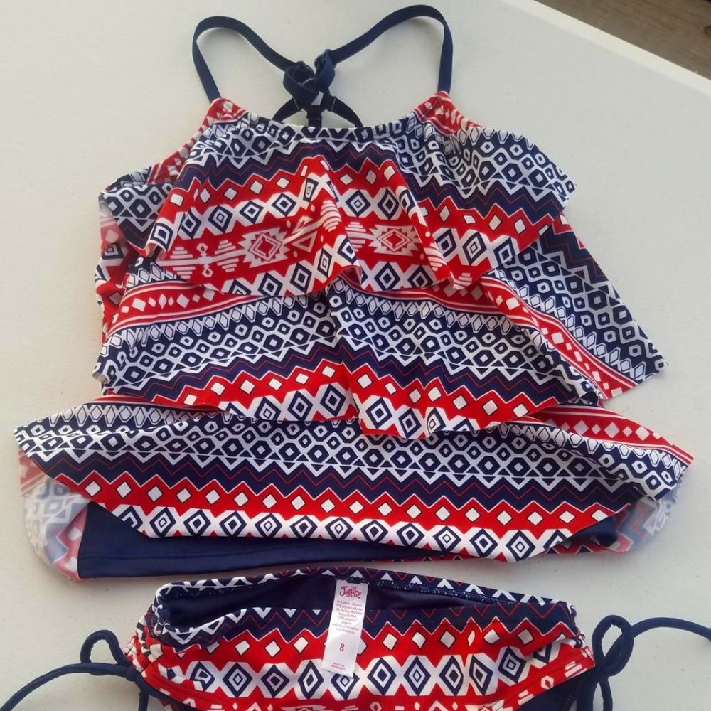 Justice Girls Red Navy Blue White Tankini Swimsuit Set Size 8